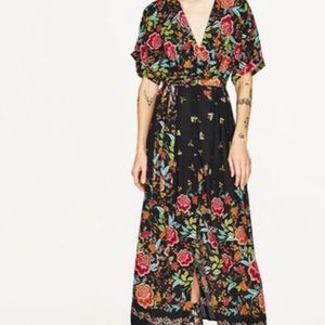 ZARA BLACK MIDI DRESS WITH FLORAL PRINT.